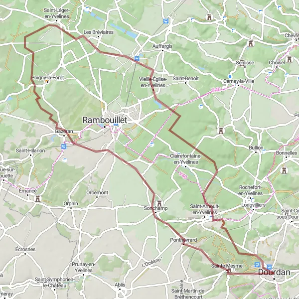 Miniature de la carte de l'inspiration cycliste "Boucle gravel à travers la vallée de Chevreuse" dans la Ile-de-France, France. Générée par le planificateur d'itinéraire cycliste Tarmacs.app