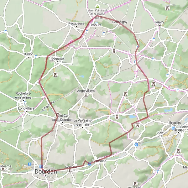 Miniature de la carte de l'inspiration cycliste "La boucle de gravel de Dourdan en Essonne" dans la Ile-de-France, France. Générée par le planificateur d'itinéraire cycliste Tarmacs.app