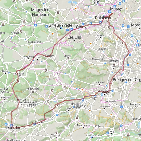 Miniature de la carte de l'inspiration cycliste "Circuit des Vallées de l'Orge et de la Rémarde" dans la Ile-de-France, France. Générée par le planificateur d'itinéraire cycliste Tarmacs.app