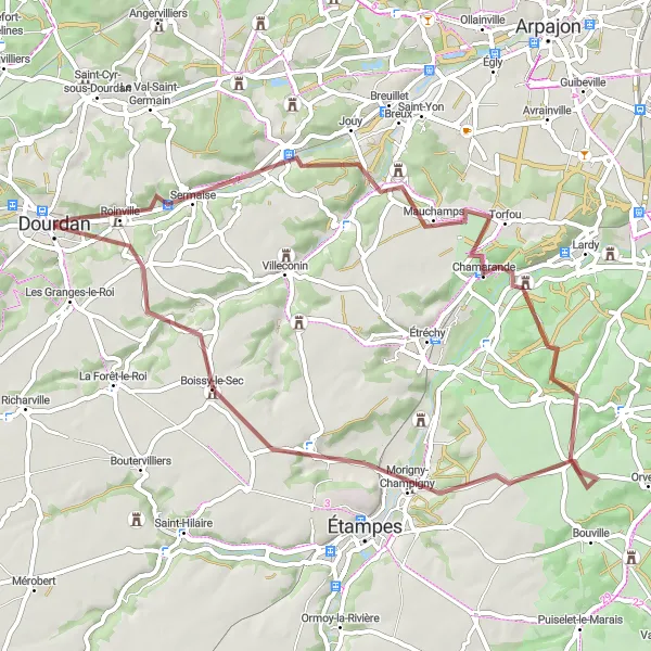 Miniature de la carte de l'inspiration cycliste "Parcours gravel du patrimoine en Essonne" dans la Ile-de-France, France. Générée par le planificateur d'itinéraire cycliste Tarmacs.app