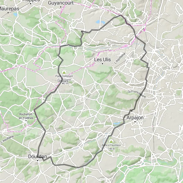 Miniature de la carte de l'inspiration cycliste "Tour des Vallées de l'Essonne et de la Bièvre" dans la Ile-de-France, France. Générée par le planificateur d'itinéraire cycliste Tarmacs.app