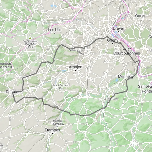 Miniature de la carte de l'inspiration cycliste "Le grand tour cycliste de la vallée de l'Essonne" dans la Ile-de-France, France. Générée par le planificateur d'itinéraire cycliste Tarmacs.app