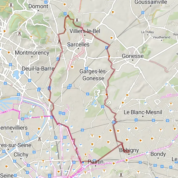 Miniature de la carte de l'inspiration cycliste "Boucle Gravel autour de Drancy" dans la Ile-de-France, France. Générée par le planificateur d'itinéraire cycliste Tarmacs.app