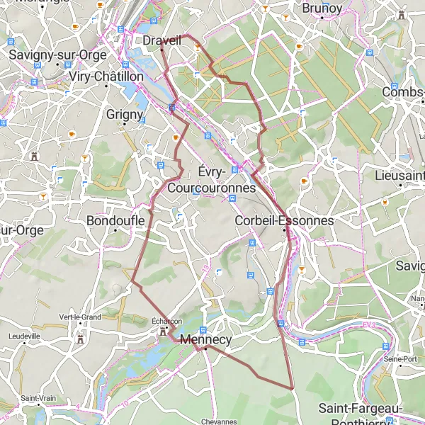 Map miniature of "Gravel Route from Draveil" cycling inspiration in Ile-de-France, France. Generated by Tarmacs.app cycling route planner