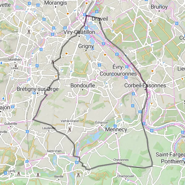 Miniature de la carte de l'inspiration cycliste "Boucle entre Draveil et Viry-Châtillon" dans la Ile-de-France, France. Générée par le planificateur d'itinéraire cycliste Tarmacs.app