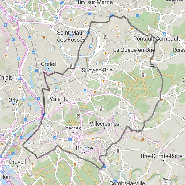 Map miniature of "Road Route from Draveil" cycling inspiration in Ile-de-France, France. Generated by Tarmacs.app cycling route planner