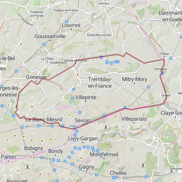 Map miniature of "Roissy-en-France Adventure (Gravel)" cycling inspiration in Ile-de-France, France. Generated by Tarmacs.app cycling route planner