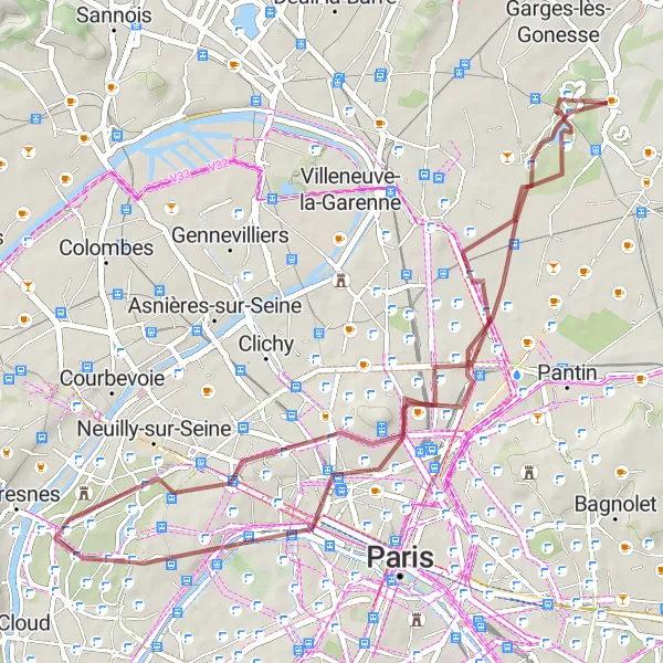 Miniature de la carte de l'inspiration cycliste "Circuit à vélo de gravier autour de Dugny 1" dans la Ile-de-France, France. Générée par le planificateur d'itinéraire cycliste Tarmacs.app