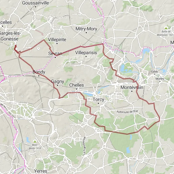 Map miniature of "Dugny to Sevran and Back (Gravel)" cycling inspiration in Ile-de-France, France. Generated by Tarmacs.app cycling route planner