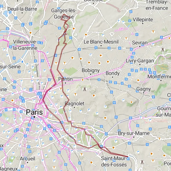 Map miniature of "Panoramic Gravel Trail: Pantin to Dugny" cycling inspiration in Ile-de-France, France. Generated by Tarmacs.app cycling route planner