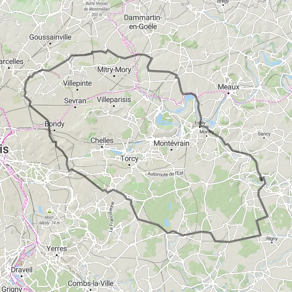 Map miniature of "Gonesse to Rosny-sous-Bois: A Challenging Road Route" cycling inspiration in Ile-de-France, France. Generated by Tarmacs.app cycling route planner