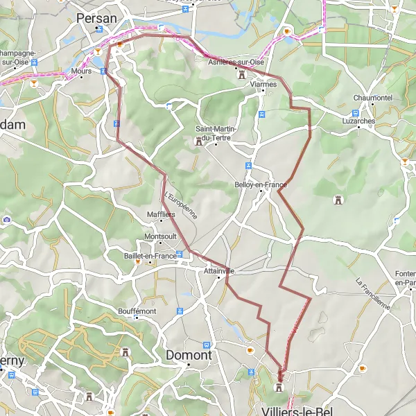 Map miniature of "Attainville to Écouen" cycling inspiration in Ile-de-France, France. Generated by Tarmacs.app cycling route planner