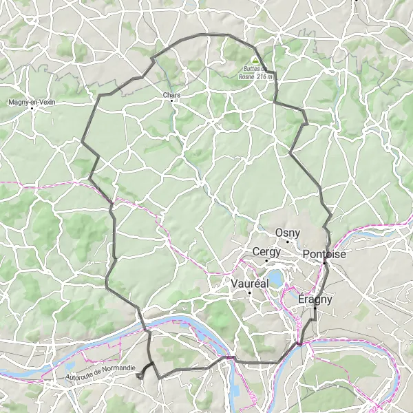 Miniature de la carte de l'inspiration cycliste "Escapade Vexinoise" dans la Ile-de-France, France. Générée par le planificateur d'itinéraire cycliste Tarmacs.app