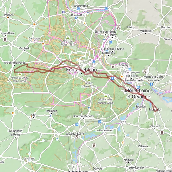 Map miniature of "Scenic Gravel Tour of Fontainebleau Forest" cycling inspiration in Ile-de-France, France. Generated by Tarmacs.app cycling route planner