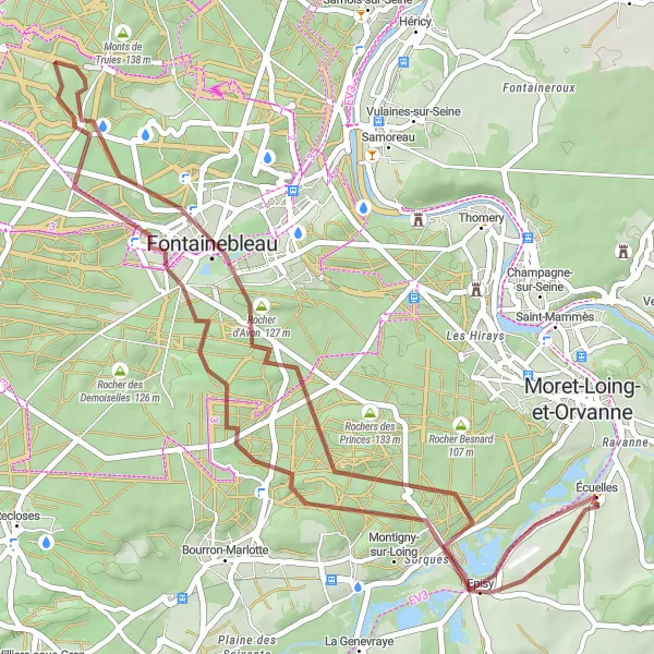 Miniature de la carte de l'inspiration cycliste "Parcours Gravel à Montigny-sur-Loing" dans la Ile-de-France, France. Générée par le planificateur d'itinéraire cycliste Tarmacs.app