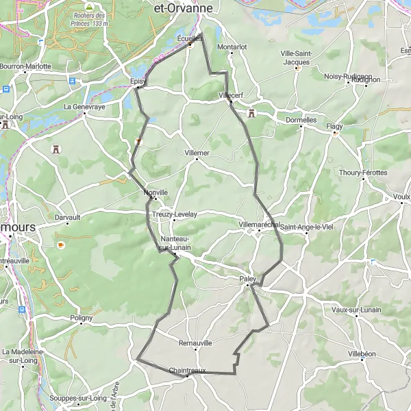 Map miniature of "Villages and Valleys" cycling inspiration in Ile-de-France, France. Generated by Tarmacs.app cycling route planner