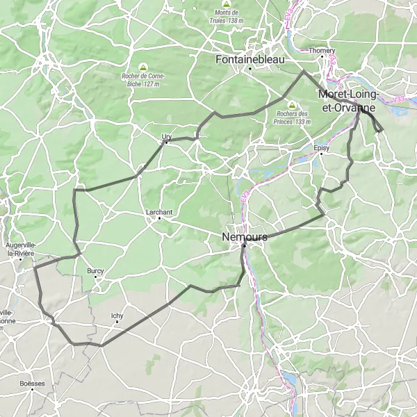 Miniature de la carte de l'inspiration cycliste "Tour de vélo pittoresque de Nonville à Veneux-les-Sablons" dans la Ile-de-France, France. Générée par le planificateur d'itinéraire cycliste Tarmacs.app