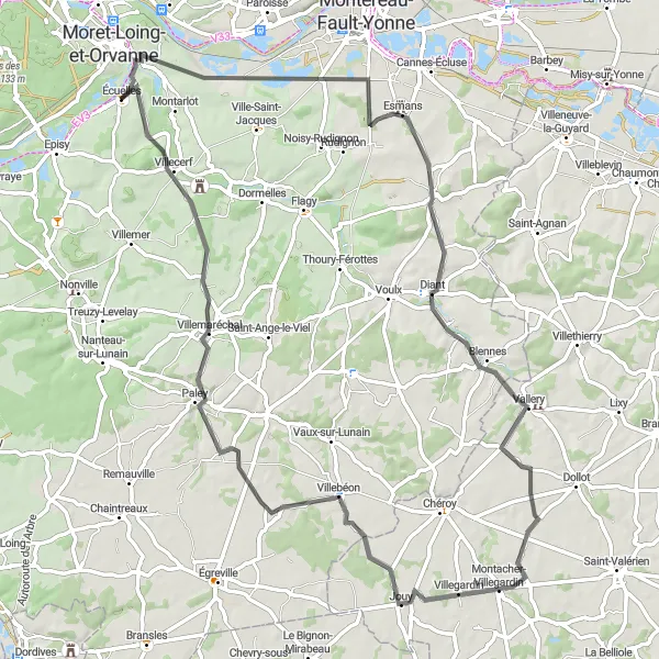 Miniature de la carte de l'inspiration cycliste "Road Cycling Tour to Villecerf" dans la Ile-de-France, France. Générée par le planificateur d'itinéraire cycliste Tarmacs.app
