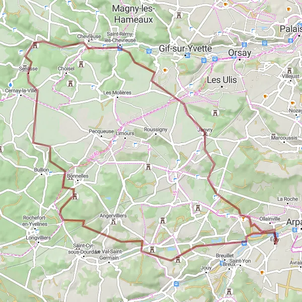 Map miniature of "Égly to Château de Baville Gravel Route" cycling inspiration in Ile-de-France, France. Generated by Tarmacs.app cycling route planner