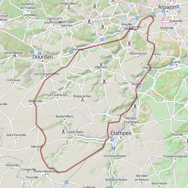 Miniature de la carte de l'inspiration cycliste "Tour de Gravel à travers les Villages près d'Égly" dans la Ile-de-France, France. Générée par le planificateur d'itinéraire cycliste Tarmacs.app