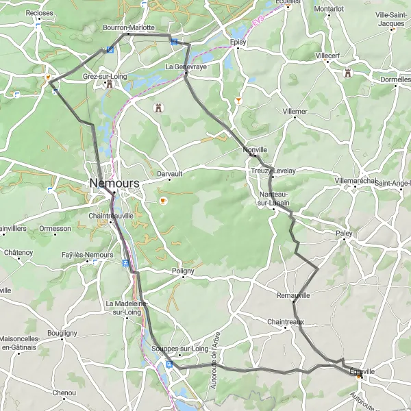 Map miniature of "Lunain Valley Loop - Road" cycling inspiration in Ile-de-France, France. Generated by Tarmacs.app cycling route planner