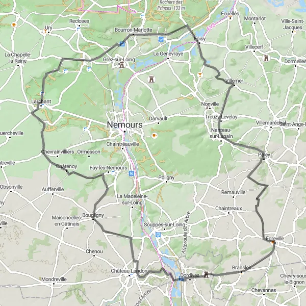 Map miniature of "Égreville Loop - Road" cycling inspiration in Ile-de-France, France. Generated by Tarmacs.app cycling route planner