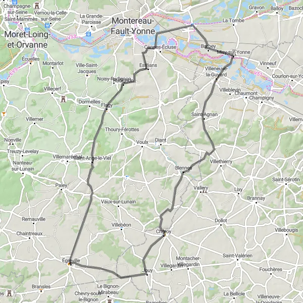 Map miniature of "Valley of the Yonne and Seine - Road" cycling inspiration in Ile-de-France, France. Generated by Tarmacs.app cycling route planner