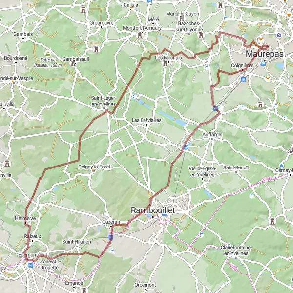 Map miniature of "Gravel Tour through Les Essarts-le-Roi and Rambouillet" cycling inspiration in Ile-de-France, France. Generated by Tarmacs.app cycling route planner