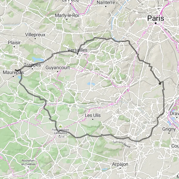 Miniature de la carte de l'inspiration cycliste "Boucle des Vallées de l'Essonne et de la Seine" dans la Ile-de-France, France. Générée par le planificateur d'itinéraire cycliste Tarmacs.app