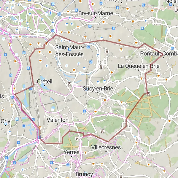 Map miniature of "Villecresnes Gravel Adventure" cycling inspiration in Ile-de-France, France. Generated by Tarmacs.app cycling route planner