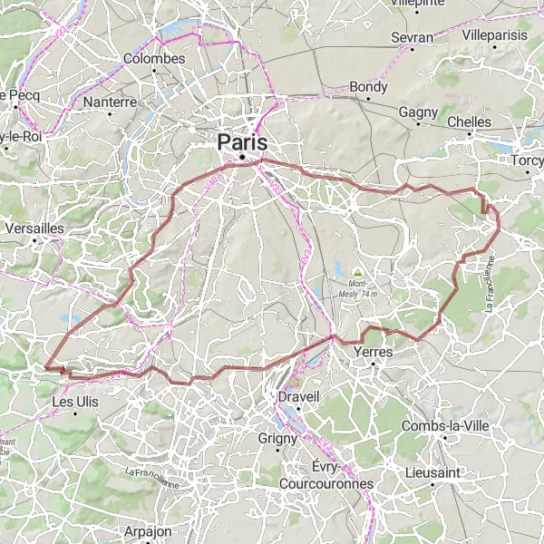 Miniature de la carte de l'inspiration cycliste "Tour de la Faune et des Étangs de Saclay" dans la Ile-de-France, France. Générée par le planificateur d'itinéraire cycliste Tarmacs.app