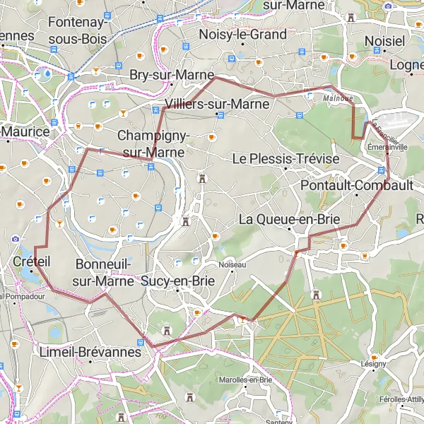 Map miniature of "Gravel Route through Émerainville" cycling inspiration in Ile-de-France, France. Generated by Tarmacs.app cycling route planner