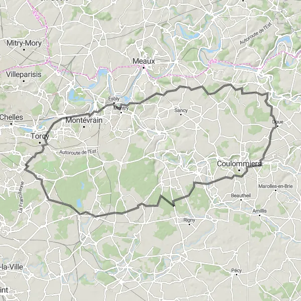 Miniature de la carte de l'inspiration cycliste "Tour de l'est parisien en route" dans la Ile-de-France, France. Générée par le planificateur d'itinéraire cycliste Tarmacs.app