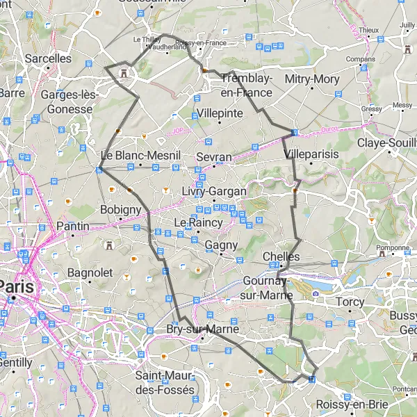 Miniature de la carte de l'inspiration cycliste "Boucle à travers les Banlieues Est de Paris" dans la Ile-de-France, France. Générée par le planificateur d'itinéraire cycliste Tarmacs.app