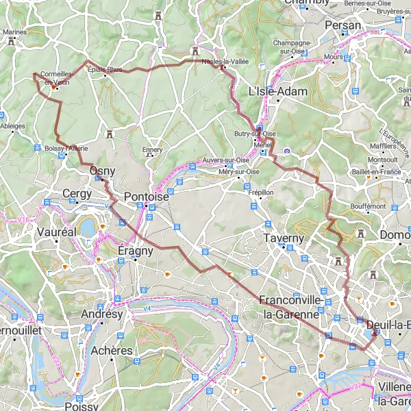 Map miniature of "Val d'Oise Gravel Adventure" cycling inspiration in Ile-de-France, France. Generated by Tarmacs.app cycling route planner