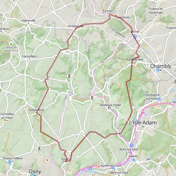 Miniature de la carte de l'inspiration cycliste "Chemin de campagne autour d'Ennery" dans la Ile-de-France, France. Générée par le planificateur d'itinéraire cycliste Tarmacs.app