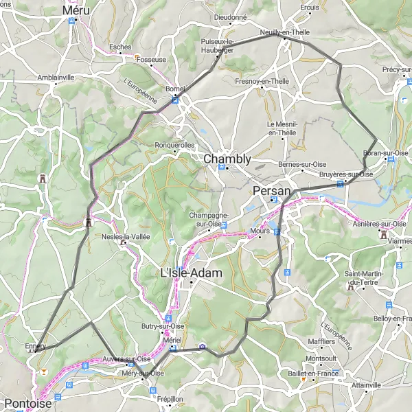 Miniature de la carte de l'inspiration cycliste "Parcours en Vexin depuis Hérouville-en-Vexin" dans la Ile-de-France, France. Générée par le planificateur d'itinéraire cycliste Tarmacs.app