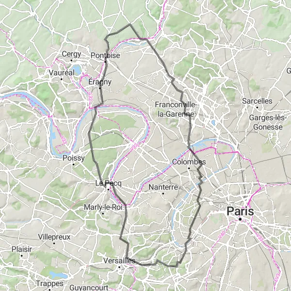 Miniature de la carte de l'inspiration cycliste "Les hauteurs de la banlieue parisienne" dans la Ile-de-France, France. Générée par le planificateur d'itinéraire cycliste Tarmacs.app