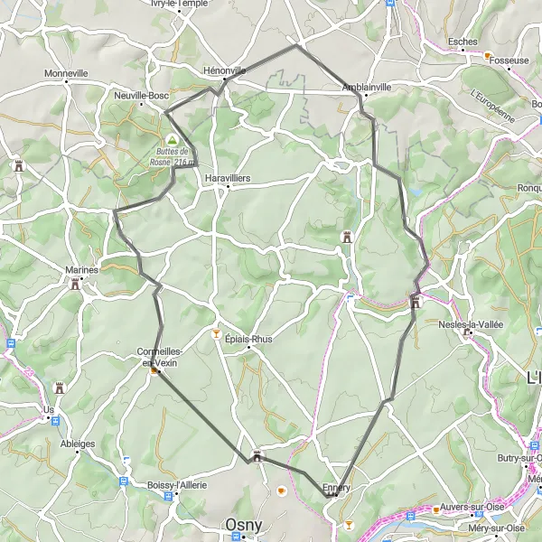 Miniature de la carte de l'inspiration cycliste "Les collines de l'Oise" dans la Ile-de-France, France. Générée par le planificateur d'itinéraire cycliste Tarmacs.app