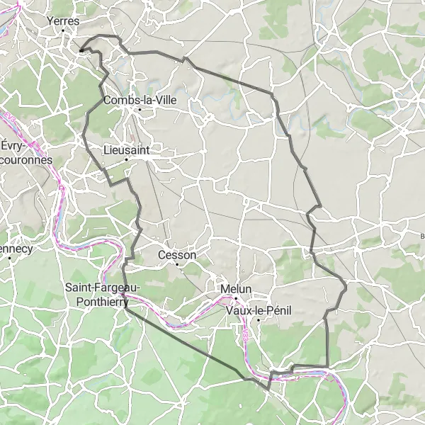 Miniature de la carte de l'inspiration cycliste "Parcours pittoresque autour de Brie-Comte-Robert" dans la Ile-de-France, France. Générée par le planificateur d'itinéraire cycliste Tarmacs.app