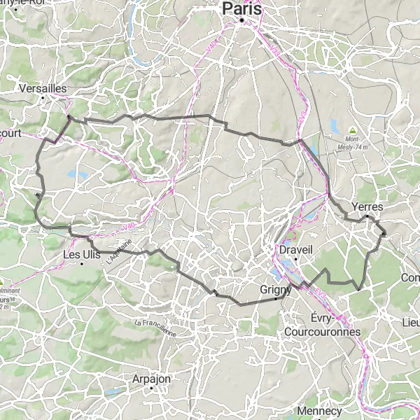 Miniature de la carte de l'inspiration cycliste "Circuit des Vallées de l'Yvette" dans la Ile-de-France, France. Générée par le planificateur d'itinéraire cycliste Tarmacs.app