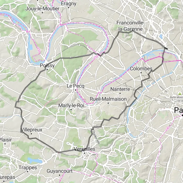 Map miniature of "Tour de Versailles" cycling inspiration in Ile-de-France, France. Generated by Tarmacs.app cycling route planner