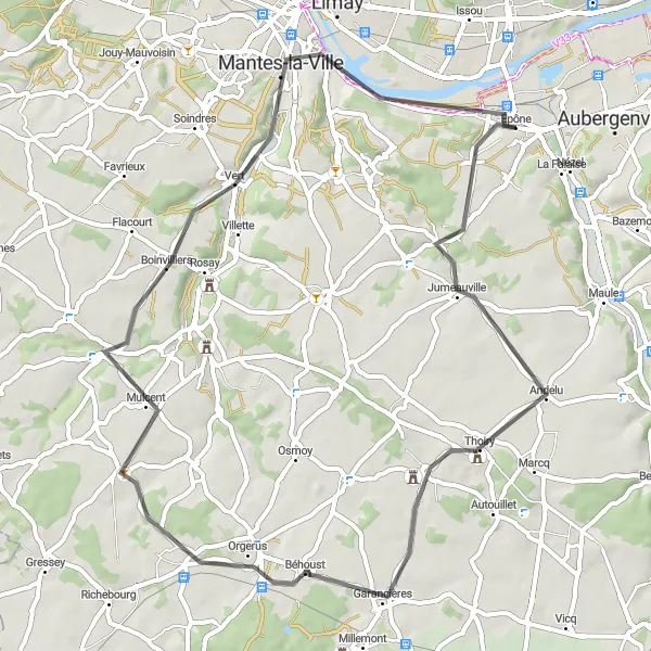 Map miniature of "Épône Countryside Road Cycling" cycling inspiration in Ile-de-France, France. Generated by Tarmacs.app cycling route planner