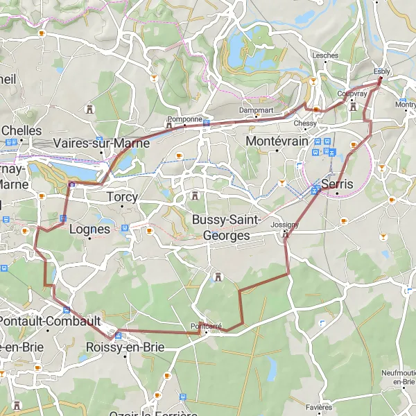 Miniature de la carte de l'inspiration cycliste "Parcours Gravel de la Marne" dans la Ile-de-France, France. Générée par le planificateur d'itinéraire cycliste Tarmacs.app