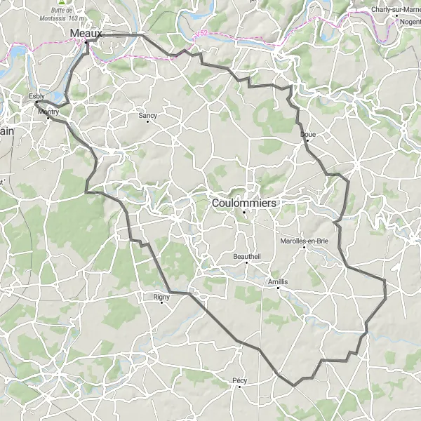Miniature de la carte de l'inspiration cycliste "Boucle autour de Meaux" dans la Ile-de-France, France. Générée par le planificateur d'itinéraire cycliste Tarmacs.app