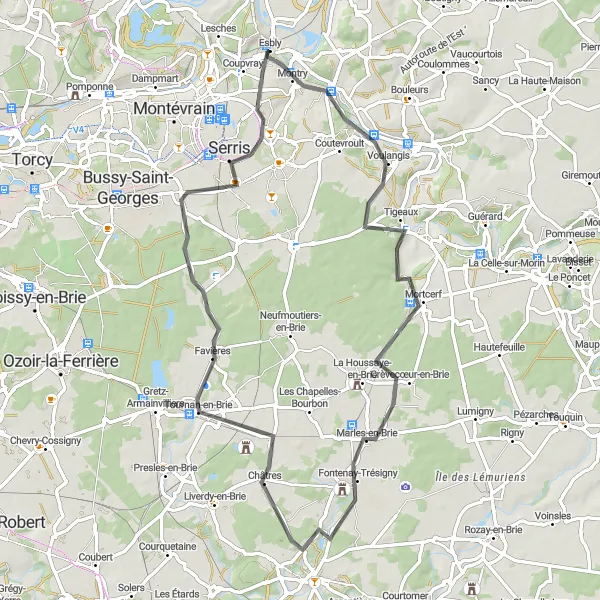 Map miniature of "The Château de Combreux Road Loop" cycling inspiration in Ile-de-France, France. Generated by Tarmacs.app cycling route planner