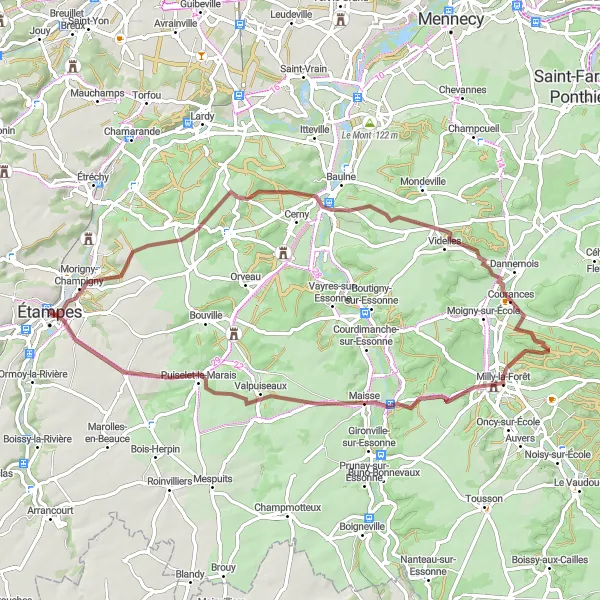 Map miniature of "The Scenic Gravel Tour through Morigny-Champigny and Milly-la-Forêt" cycling inspiration in Ile-de-France, France. Generated by Tarmacs.app cycling route planner