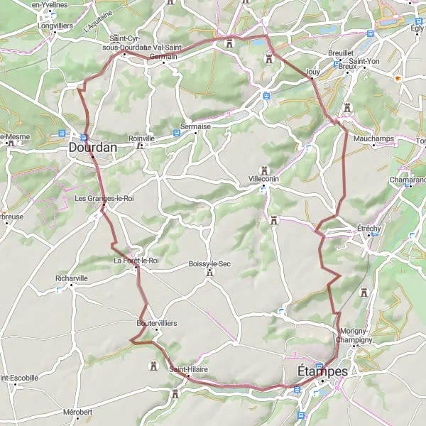 Map miniature of "The Gravel Adventure to Saint-Cyr-sous-Dourdan and Saint-Sulpice-de-Favières" cycling inspiration in Ile-de-France, France. Generated by Tarmacs.app cycling route planner