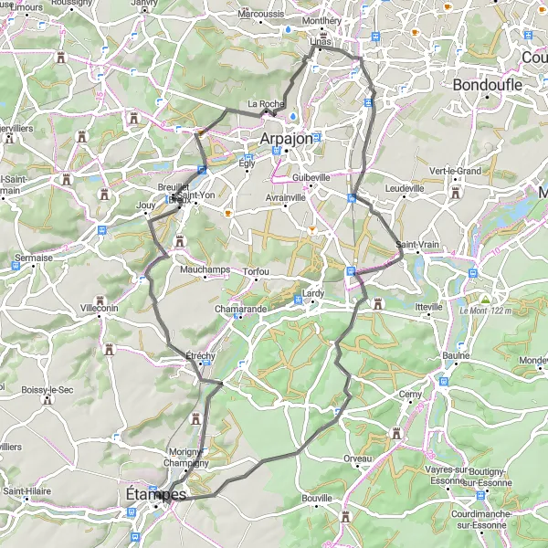 Map miniature of "The Challenging Road Loop to Brétigny-sur-Orge and Bouray-sur-Juine" cycling inspiration in Ile-de-France, France. Generated by Tarmacs.app cycling route planner