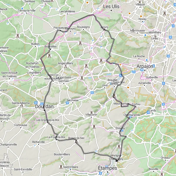 Map miniature of "Through the Forest and Castles" cycling inspiration in Ile-de-France, France. Generated by Tarmacs.app cycling route planner